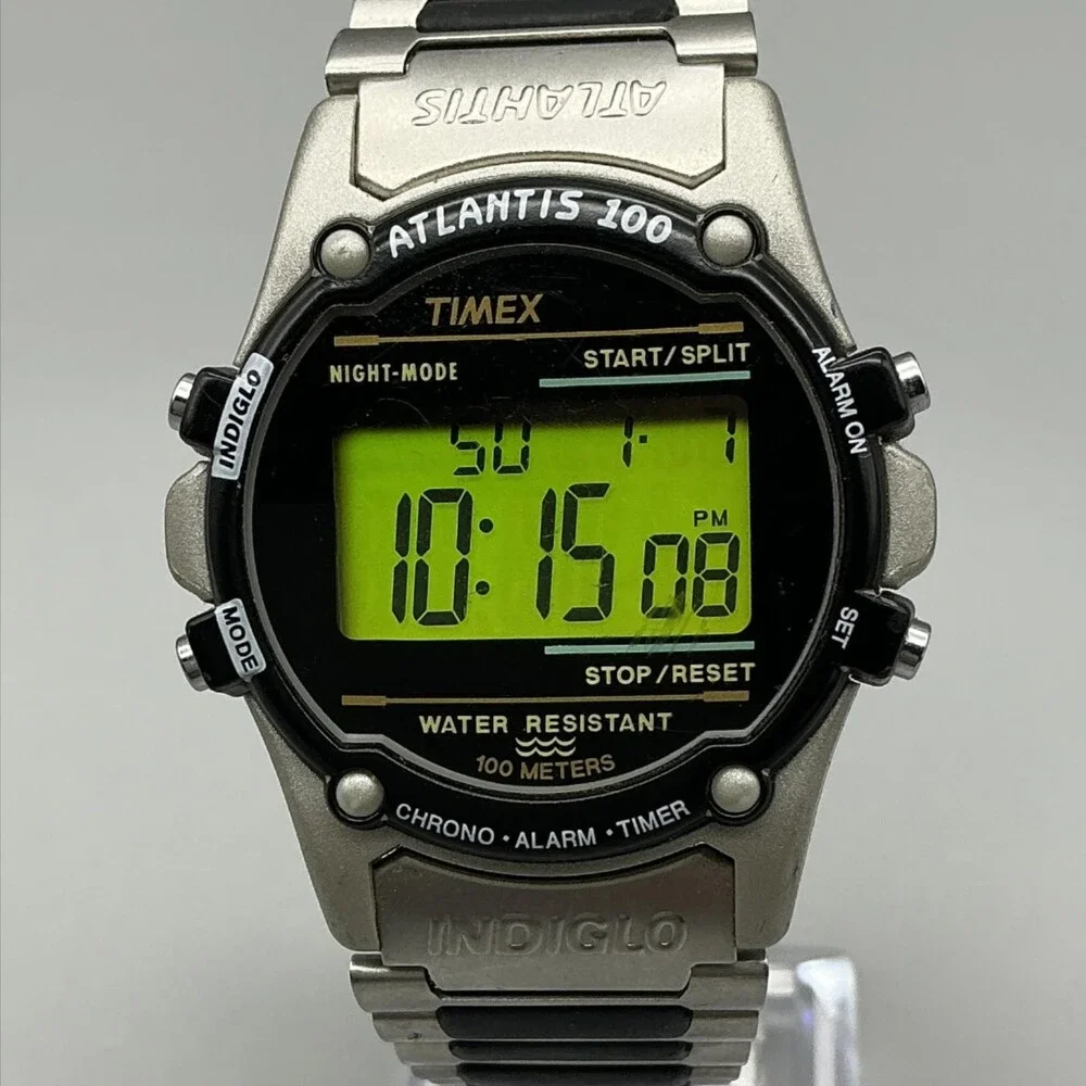 Vtg Timex Atlantis 100 Men Watch 40mm Green Digital Indiglo Chrono New Batt 7.5